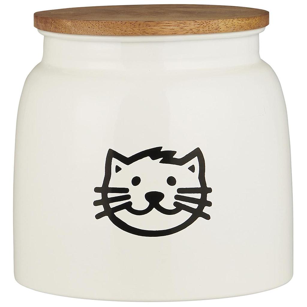 IB Laursen . Contenitore per cibo per gatti bianco con motivo gatto e coperchio in legno